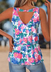 Hot Pink Peplum Tropical Plants Print Sleeveless Tank Top | thumb picture 