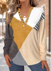 Light Camel Tummy Coverage Geometric Print Long Sleeve Sweatshirt