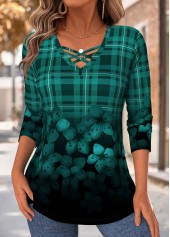Green Tummy Coverage Plaid Long Sleeve T Shirt