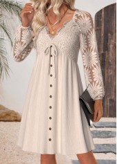 Beige Tummy Coverage Long Sleeve V Neck Dress