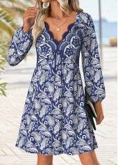 Blue Tummy Coverage Paisley Print Long Sleeve Dress