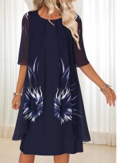 Navy Tummy Coverage Floral Print 3/4 Sleeve Dress