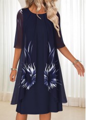 Navy Tummy Coverage Floral Print 3/4 Sleeve Dress | thumb picture 