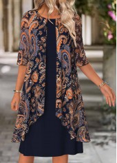 Navy Tummy Coverage Paisley Print 3/4 Sleeve Dress