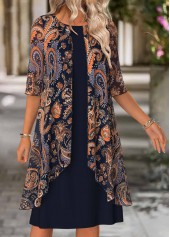 Navy Tummy Coverage Paisley Print 3/4 Sleeve Dress | thumb picture 