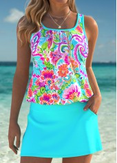 Tummy Coverage Mid Waisted Tribal Print Cyan Tankini Set