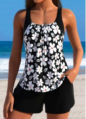 Tummy Coverage Mid Waisted Floral Print Black Tankini Set