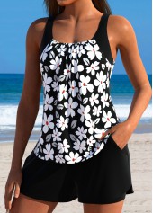 Tummy Coverage Mid Waisted Floral Print Black Tankini Set | thumb picture 