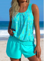 Tummy Coverage Mid Waisted Tropical Plants Print Tankini Set