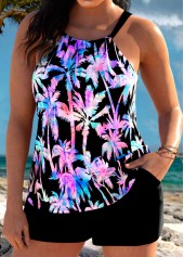 Tummy Coverage Mid Waisted Tropical Plants Print Tankini Set | thumb picture 