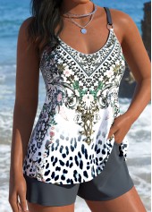 Tummy Coverage Mid Waisted Tribal Print Grey Tankini Set | thumb picture 