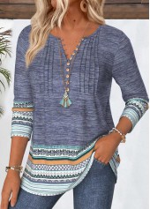 Dusty Blue Tummy Coverage Tribal Print T Shirt