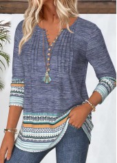 Dusty Blue Tummy Coverage Tribal Print T Shirt | thumb picture 