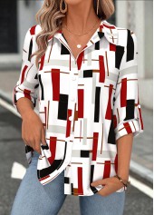 Red Tummy Coverage Geometric Print 3/4 Sleeve Shirt