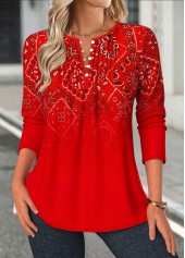 Red Tuck Stitch Tribal Print Long Sleeve Blouse
