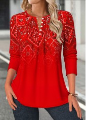 Red Tuck Stitch Tribal Print Long Sleeve Blouse | thumb picture 