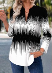 Black Curved Hem Ombre Long Sleeve Split Neck Blouse | thumb picture 