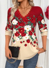 Red Patchwork Floral Print Long Sleeve T Shirt