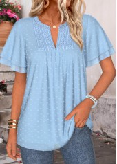 Light Blue Patchwork Short Sleeve Split Neck Blouse