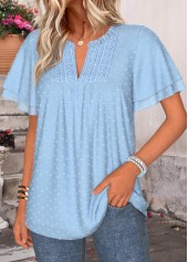 Light Blue Patchwork Short Sleeve Split Neck Blouse | thumb picture 