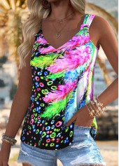 Multi Color Tie Feathers Print Sleeveless Tank Top | thumb picture 