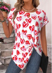 Red Twist Heart Print Short Sleeve T Shirt