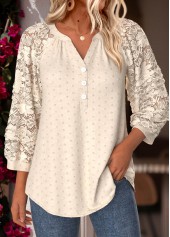 Beige Curved Hem 3/4 Sleeve Split Neck Blouse
