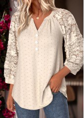 Beige Curved Hem 3/4 Sleeve Split Neck Blouse | thumb picture 