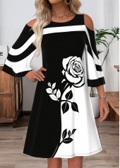 Black Tummy Coverage Floral Print Short 3/4 Sleeve Dress