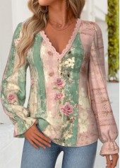 Multi Color Curved Hem Random Floral Print Blouse | thumb picture 