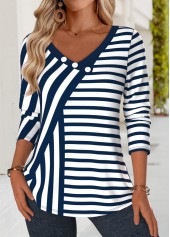 Navy Button Striped Long Sleeve V Neck T Shirt