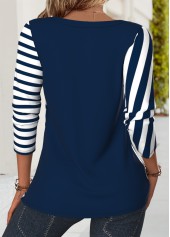 Navy Button Striped Long Sleeve V Neck T Shirt | thumb picture 