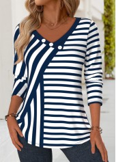 Navy Button Striped Long Sleeve V Neck T Shirt | thumb picture 
