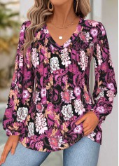 Hot Pink Tummy Coverage Floral Print Long Sleeve Blouse