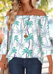 Mint Green Tummy Coverage Tropical Plants Print Blouse