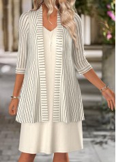 Beige Tummy Coverage Striped 3/4 Sleeve Dress and Cardigan