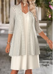 Beige Tummy Coverage Striped 3/4 Sleeve Dress and Cardigan | thumb picture 
