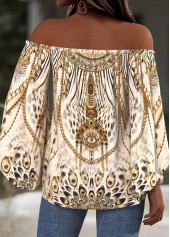 Beige Tummy Coverage Leopard 3/4 Sleeve Off Shoulder Blouse | thumb picture 