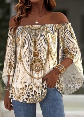 Beige Tummy Coverage Leopard 3/4 Sleeve Off Shoulder Blouse | thumb picture 