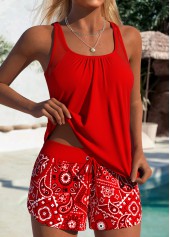 Tummy Coverage Mid Waisted Paisley Print Red Tankini Set | thumb picture 