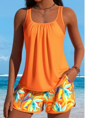 Tummy Coverage Mid Waisted Leaf Print Orange Tankini Set