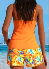 Tummy Coverage Mid Waisted Leaf Print Orange Tankini Set | thumb picture 