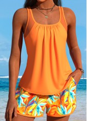 Tummy Coverage Mid Waisted Leaf Print Orange Tankini Set | thumb picture 