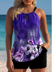 Tummy Coverage Mid Waisted Floral Print Purple Tankini Set