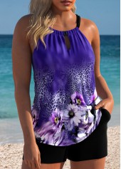 Tummy Coverage Mid Waisted Floral Print Purple Tankini Set | thumb picture 