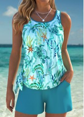 Tummy Coverage Mid Waisted Marine Life Print Tankini Set