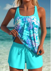 Tummy Coverage Mid Waisted Floral Print Cyan Tankini Set