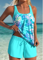 Tummy Coverage Mid Waisted Floral Print Cyan Tankini Set | thumb picture 