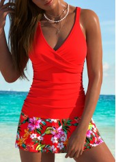 Tummy Coverage Mid Waisted Floral Print Orange Tankini Set