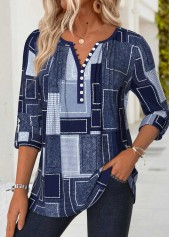 Navy Tummy Coverage Geometric Print Long Sleeve T Shirt